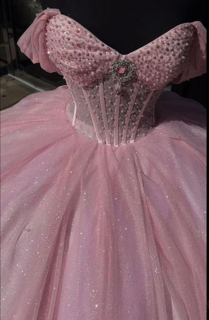 Beautiful Pink Sweetheart Sequin Off-the-shoulder Sweet 16 Quinceanera A-Line Tulle Floor-length Prom Dress Birthday Dress Evening Dress Ball Gown TP4546