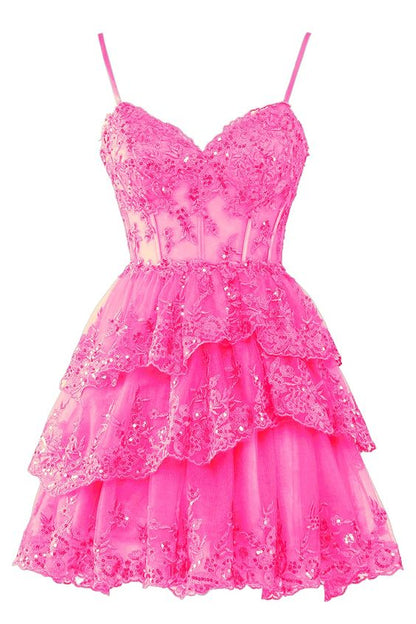 Spaghetti Straps Lace Tulle Homecoming Dresses 2024 Short Applique Corset Tiered Formal Party Gowns