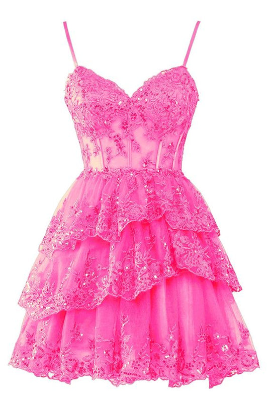 Spaghetti Straps Lace Tulle Homecoming Dresses 2024 Short Applique Corset Tiered Formal Party Gowns