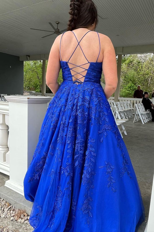 Royal Blue Lace Applique Prom Dresses A Line Long Evening Gown