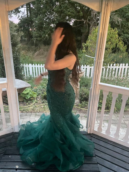 Green Mermaid Spaghetti Straps Prom Dress Green Evening Gown