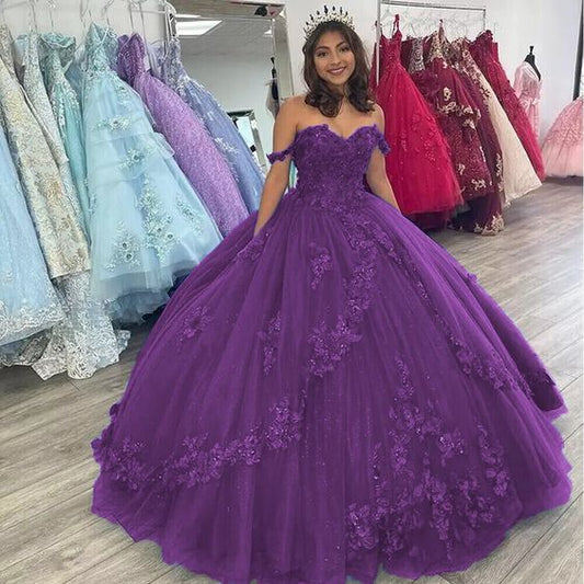 Off the Shoulder Flowers Beaded Purple Ball Gown Quinceanera Dresses