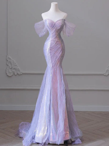 Women Evening Dress with Puff Sleeves Tassel Pearls Tulle Train Prom Gown