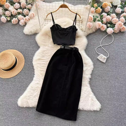elegant women's mesh lace strap tube top + corduroy skirt two-piece set     S4545