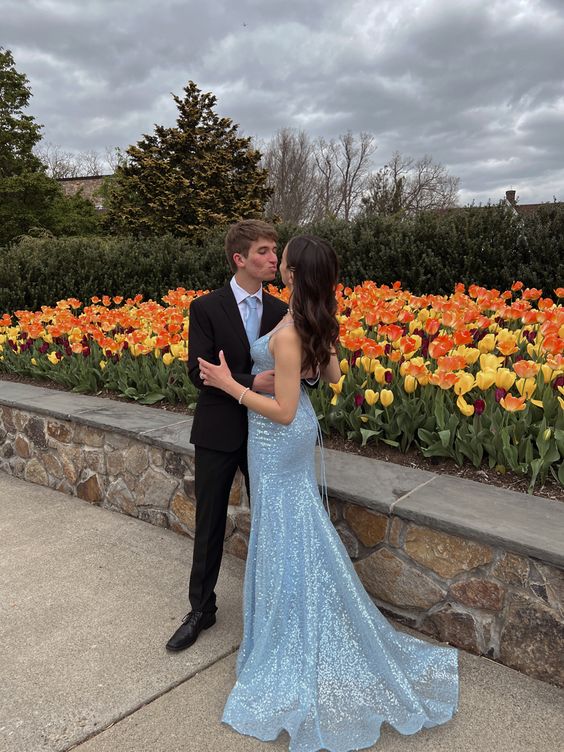 Light Blue Elegant Long Evening Gown Women Sexy Prom Dresses