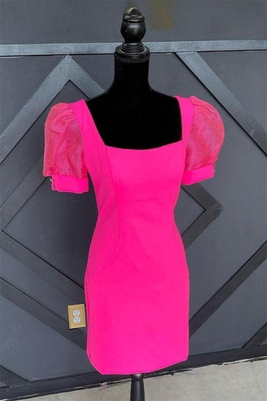 Fuchsia Puff Sleeves Square Neck Sheath Homecoming Dress        S2846