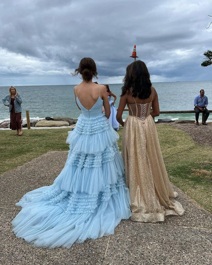 V Neck Layers Tulle Long Ball Gown A Line Spaghetti Strap Evening Dresses