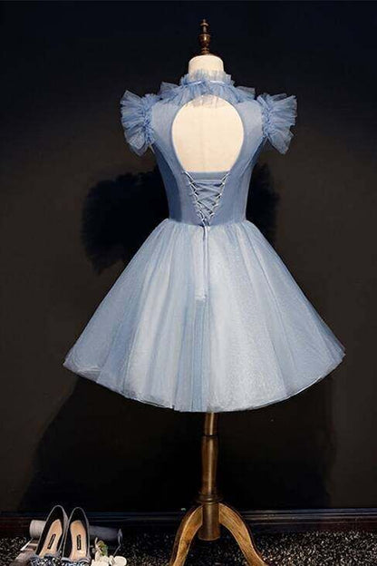 High Neck Short Blue Tulle and Lace Appliques Party Dress        S3289