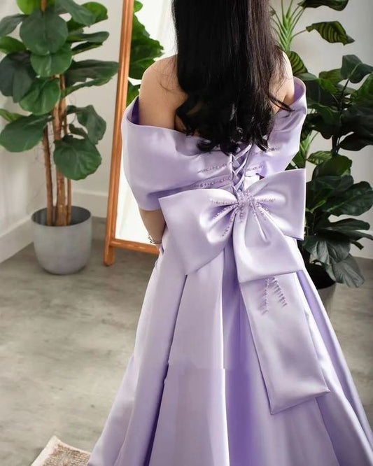 Lilac Pearls Evening Birthday Dress 2024 Off The Shoulder Mermaid Sweep Train Bow Satin Formal Prom Gowns