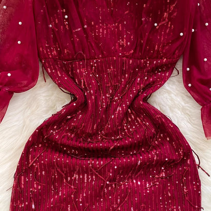 evening dress long dress puff sleeves square neck shiny dress    S4278