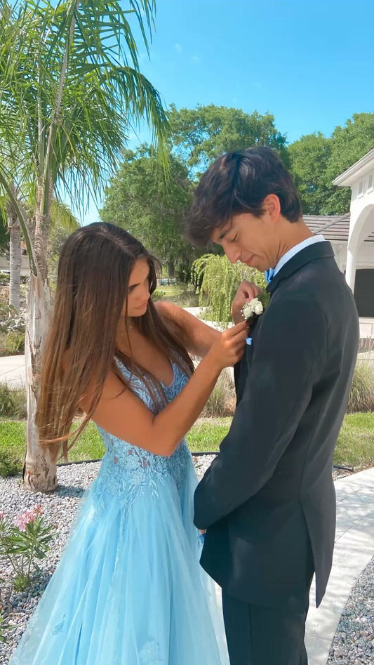 Blue Lace A Line Prom Gown