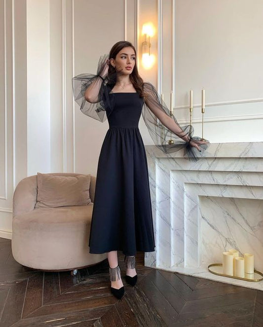 Elegant A Line Long Sleeves Evening Dress Black Simple Square Collar Party Gowns