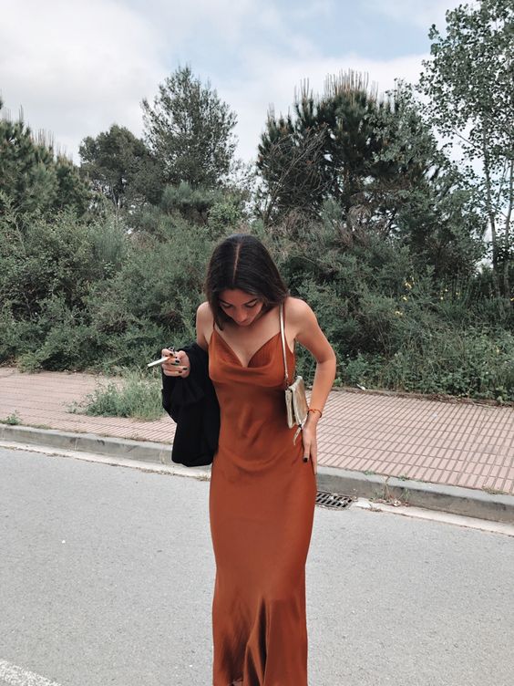 Brown Long Spaghetti Straps Prom Gown