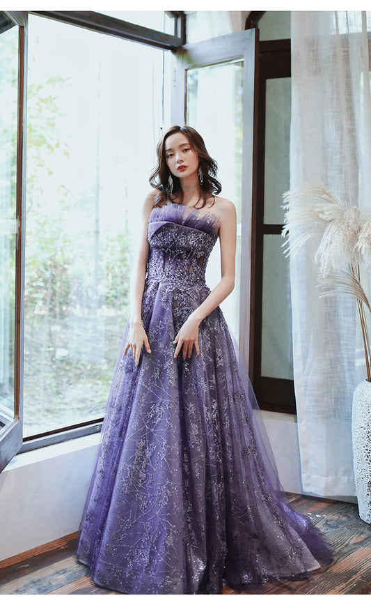 Dark Purple Tulle Style Evening Gown Purple A line Long Prom Dress Party Dress