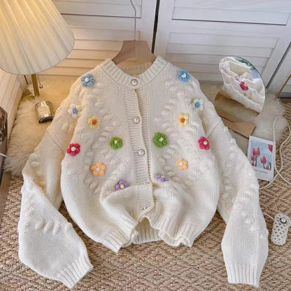 3d Flower V-neck Cardigan Sweater Crocheted Flower Sweater     S4365