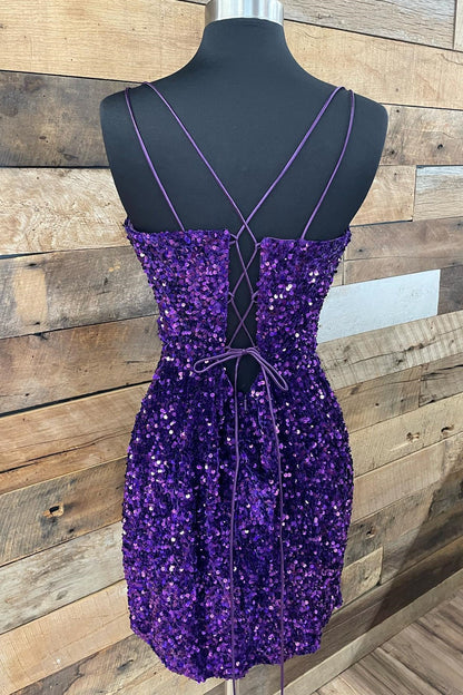 Purple Sequin Straps Tight Mini Party Dress         S3672