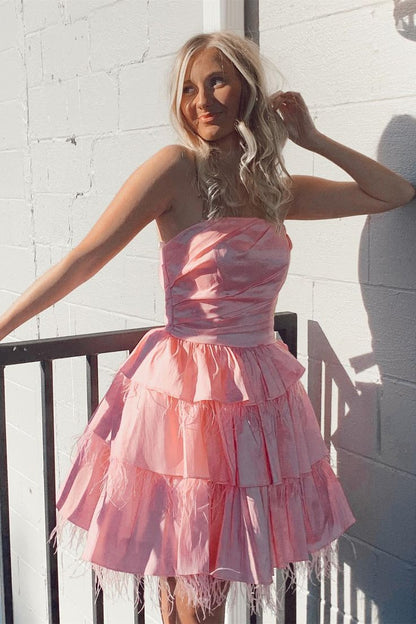 Strapless Satin A-line Multi-Layers Homecoming Dress with Feathers      S3086