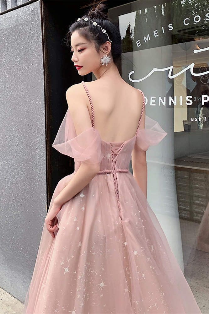 Straps A-line Blush Pink Tulle Long Party Dress        S3269