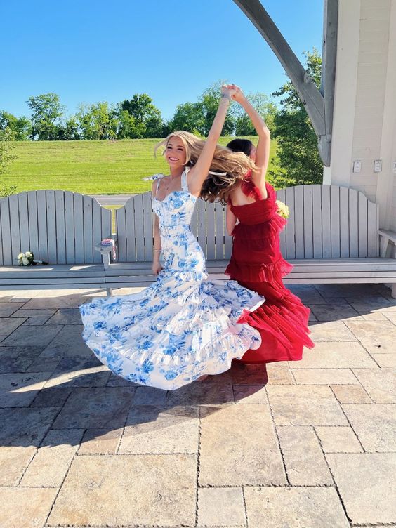 Sexy A line Long Blue Floral Prom Dress Blue and White Party Dresses P1591