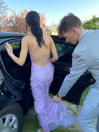 Purple Mermaid Prom Dresses Lace Appliques Evening Party Formal Gowns