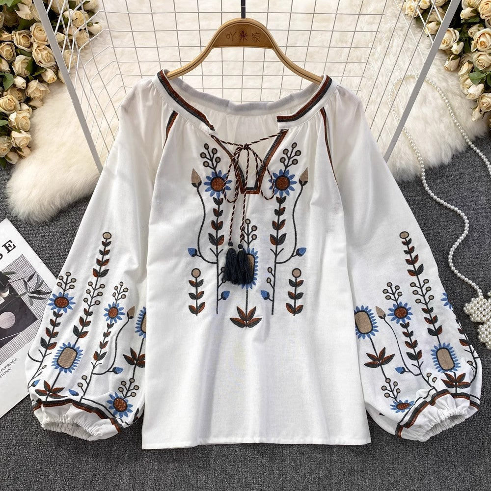 embroidered round neck shirt women's casual top       S3965