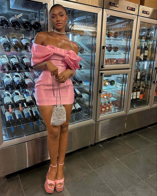 Cute Pink Off-the-shoulder Bow Design Sheath Short Party Dress Cocktail Dress Homecoming Dress TP4423
