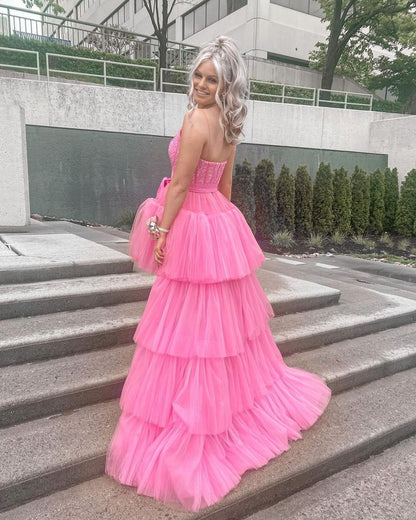 High Low Hot Pink Tiered Prom Dress with Spaghetti Straps,Elegant Graduation Dresses     S3358