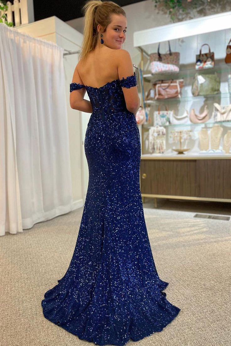 Sparkly Navy Corset Mermaid Sequins Long Prom Dress with Slit       S3686
