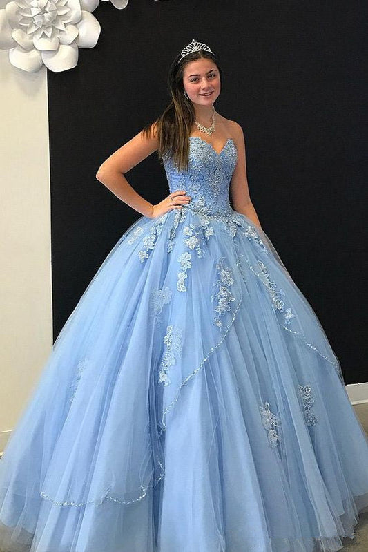 Elegant Baby Blue Cheap Ball Gown Quinceanera Prom dresses Sweetheart Neck Applique Lace Crystal Beaded Sparkly Sequin Sweet 16 Formal Dress