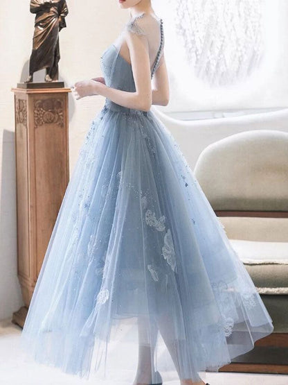 blue round neck tulle short prom dress, blue tulle homecoming dress     S3242