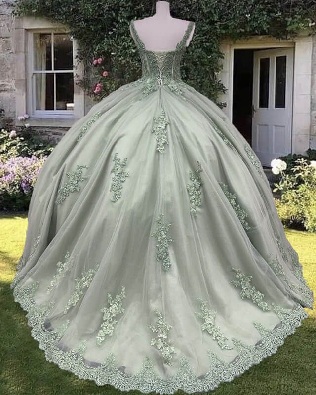 Sage Corset Ball Gown Appliques Tulle Prom Dress
