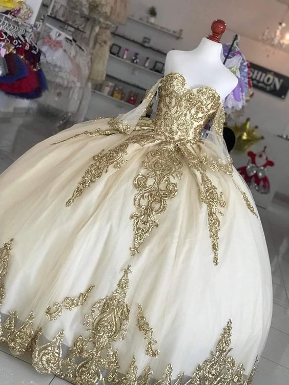 Gold Lace Off The Shoulder Long Prom Dress Ball Gown
