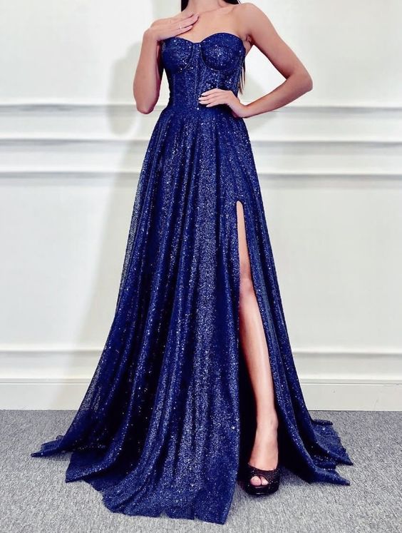 Blue Long Party Dress Strapless Evening Gown