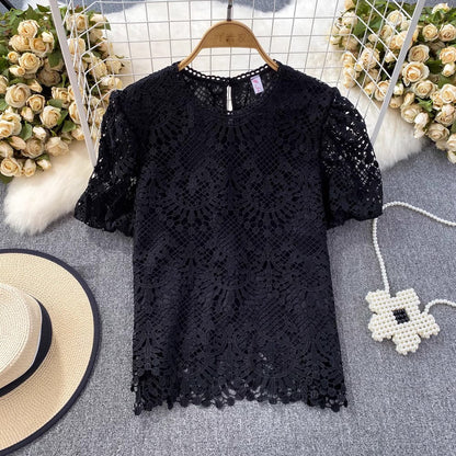 Bubble Short-Sleeved Round Neck Women__ Lace Top       S3991