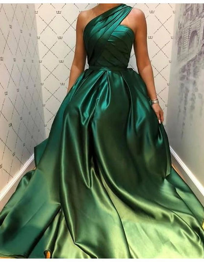 One Shoulder A Line Satin Emerald Green Formal Evening Dress Prom Party Long Gown