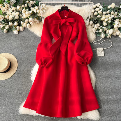 party dress women's fashion bow tie lantern long-sleeved dress    S4493
