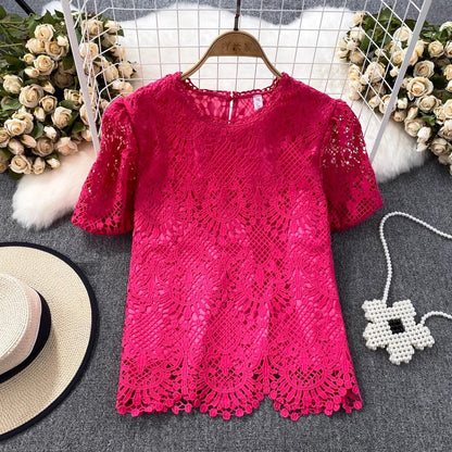 Bubble Short-Sleeved Round Neck Women__ Lace Top       S3991