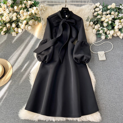 party dress women's fashion bow tie lantern long-sleeved dress    S4493