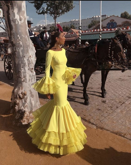 Yellow Women Mermaid Prom Dresses Spanish Ruffles Tiered Long Sleeves Evening Gowns Ceremony Formal Party Wear