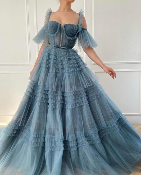 Dusty Blue Tulle Ruffled Gown Long Tulle Prom Dress Tiered Skirt Dress
