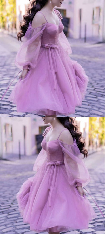 Mauve Tulle Long Sleeve Homecoming Dresses     S2669
