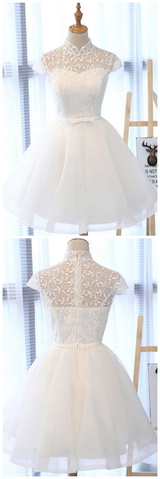 White Lace Short Prom Dress, White Homecoming Dress      S2959