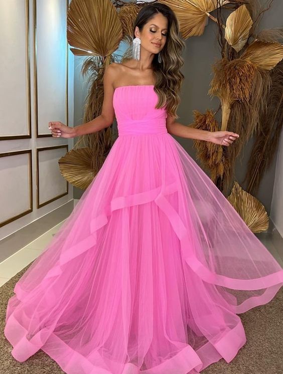 Tulle Layers Long Evening Dresses Strapless Maxi Prom Gown Floor Length Party Gowns