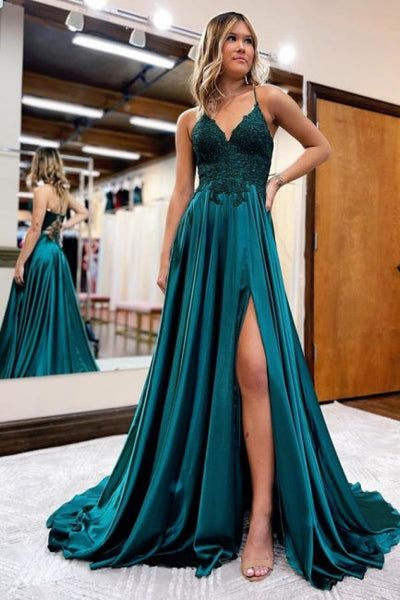 Spaghetti Straps Lace Applique Backless Evening Gowns With Split