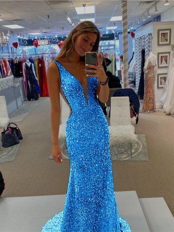 blue long evening dress mermaid prom gown
