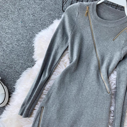 design knitted skirt round neck long sleeves irregular zipper solid color dress for women      S4237