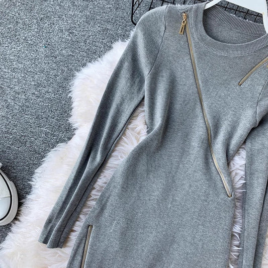 design knitted skirt round neck long sleeves irregular zipper solid color dress for women      S4237