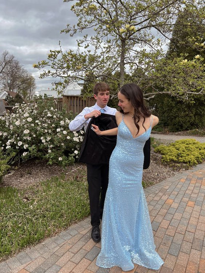 Light Blue Elegant Long Evening Gown Women Sexy Prom Dresses