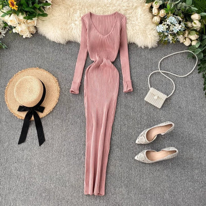 Dress women's new simple solid color long-sleeved tight knitted mid-length skirt   S4530