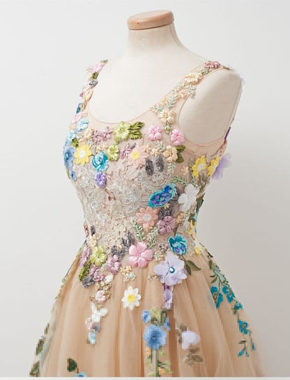 Champagne A line Sleeveless Tulle Prom Gown With Embroidery sleeveless Prom Gown With Hand made Flowers prom Dress evening Gown For Teens
